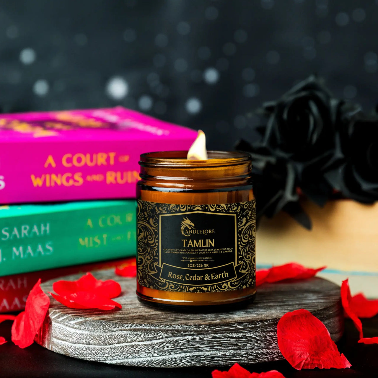 Tamlin Candle lit with books
