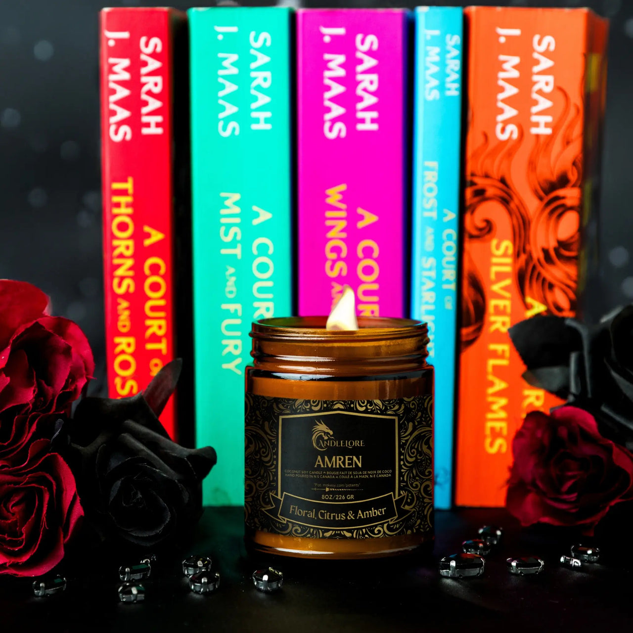 Amren candle lit with vertical books