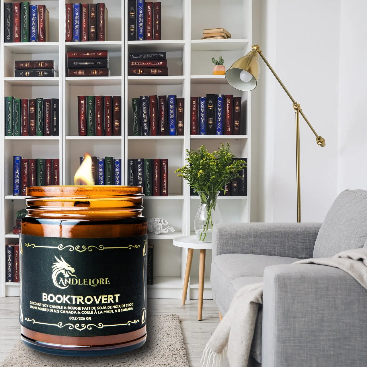 Booktrovert Candle in a personal library
