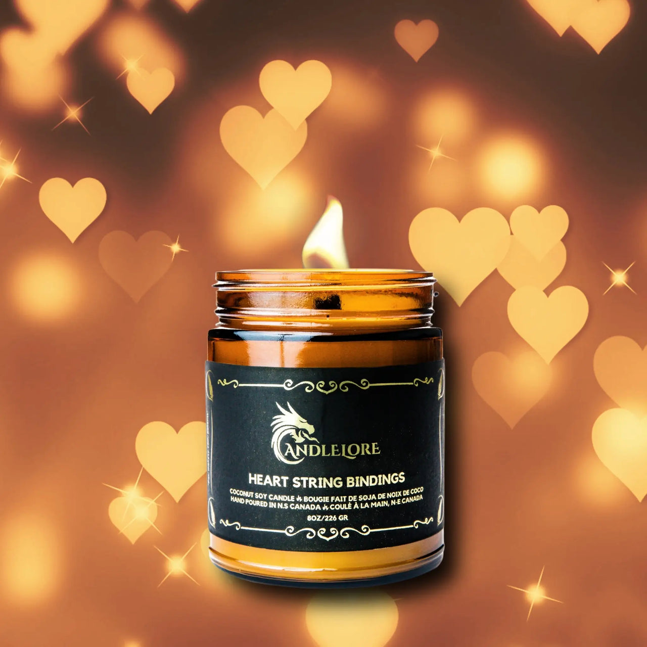 Heart String Bindings Candle with a hearts background