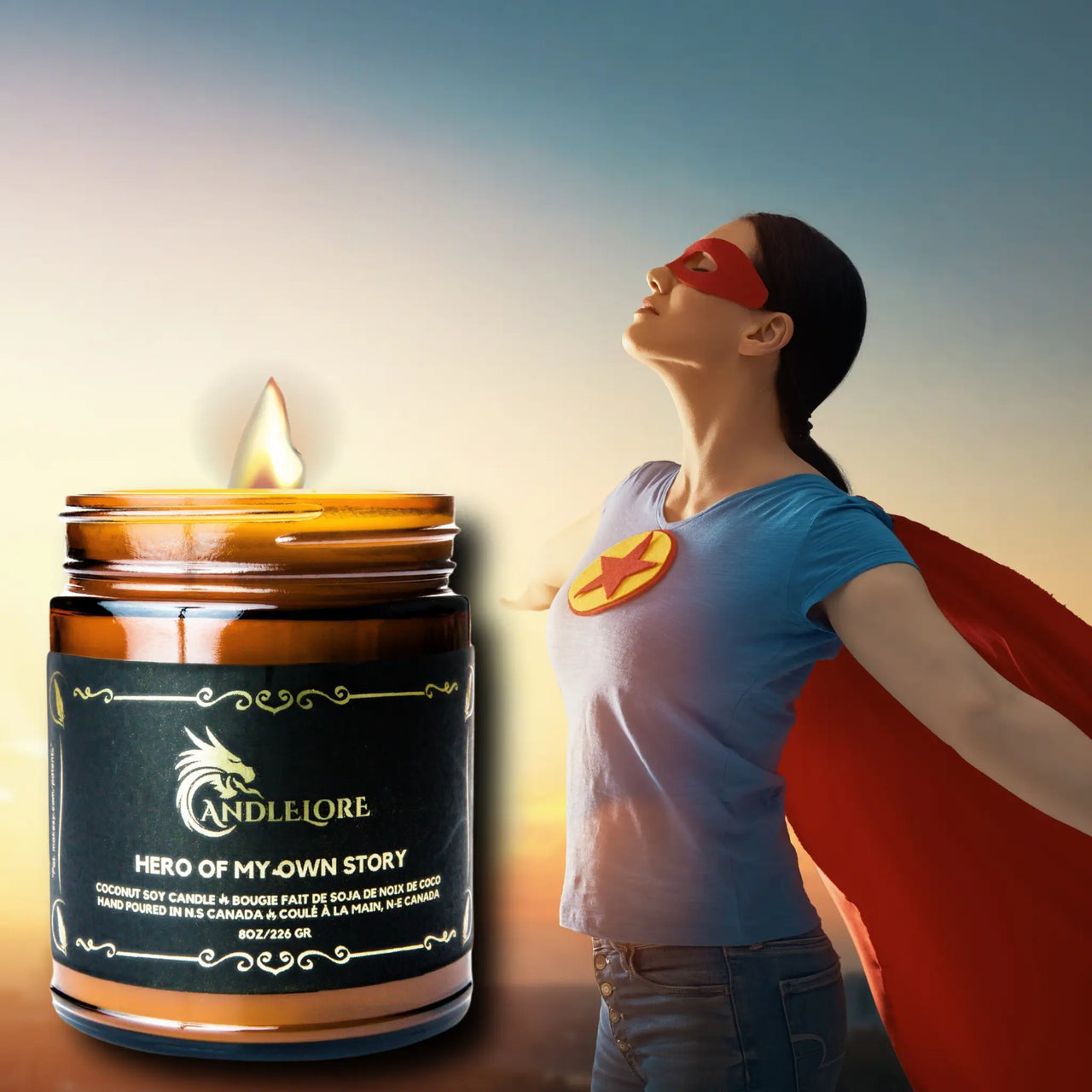 Hero of my own story candle with a superhero beside it