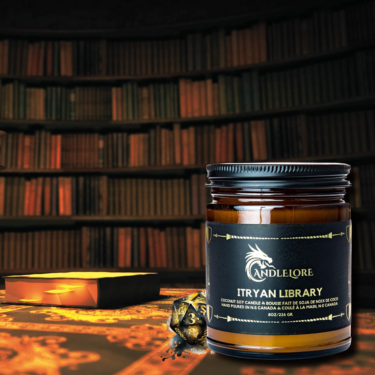 candle on a desk in a library