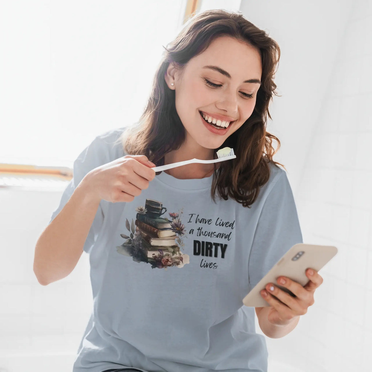 woman brushing her teeth wearing a light blue I have lived a 1000 dirty lives tshirt V2