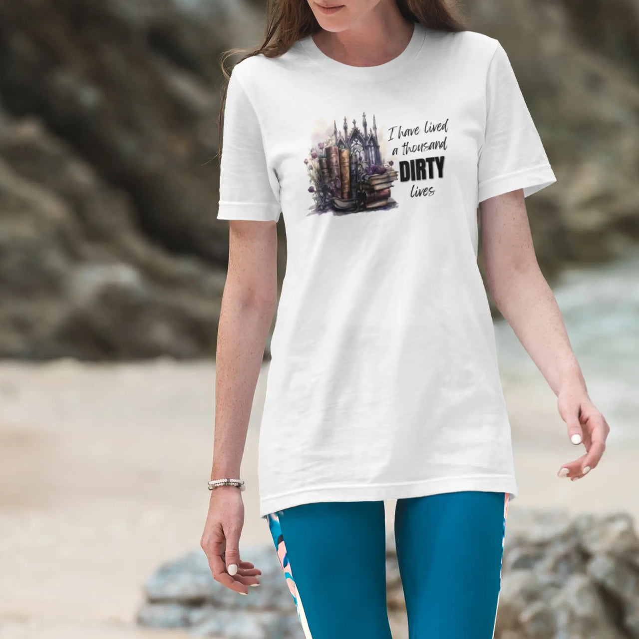 woman wearing a white I have lived a 1000 dirty lives tshirt V2 design B