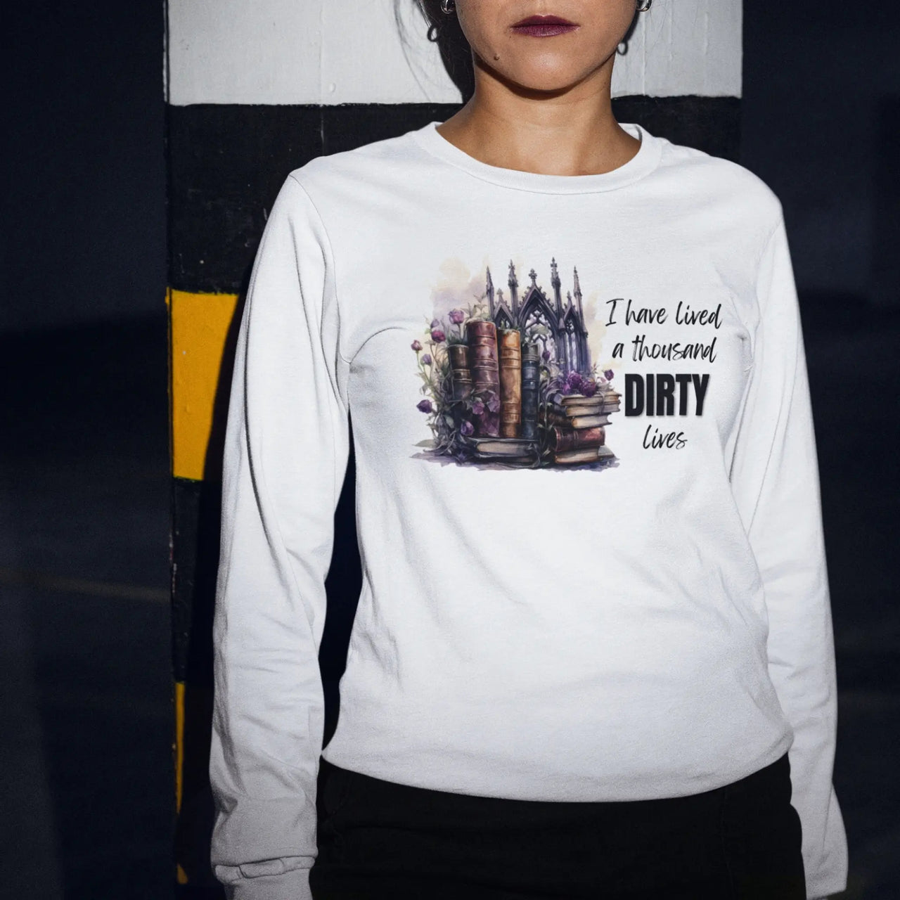 1000 dirty lives long tee in white version B being worn