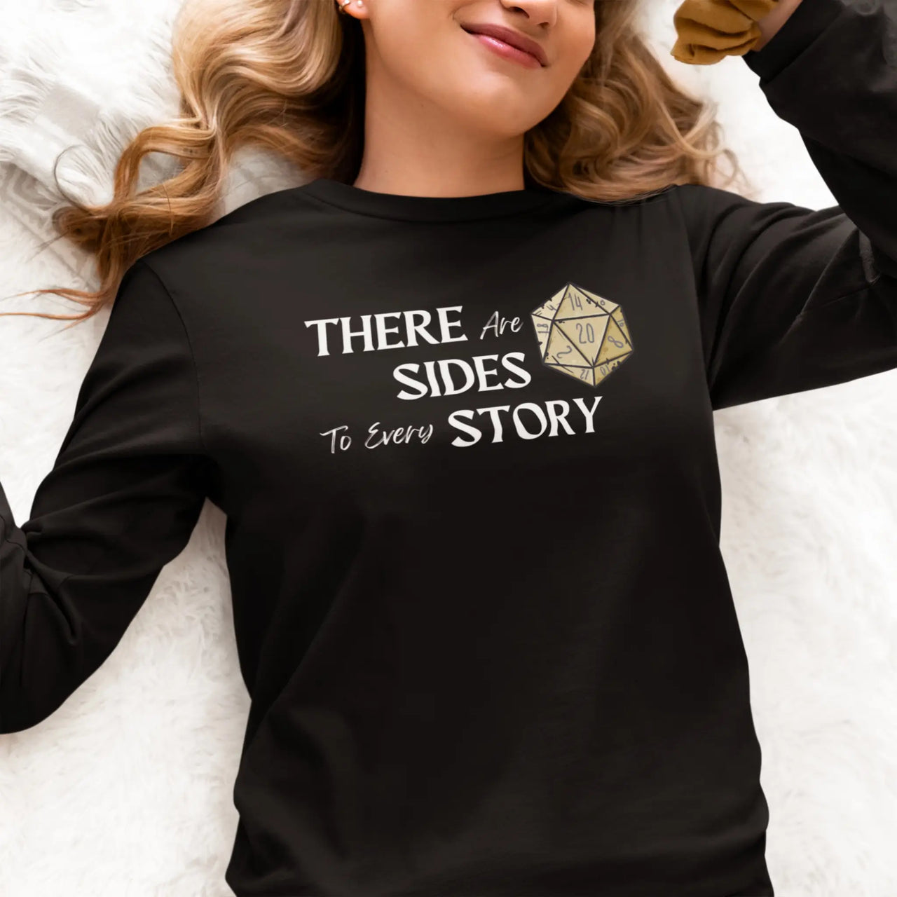 a young woman wearing a There are 20 sides to every story long sleeve tee in black