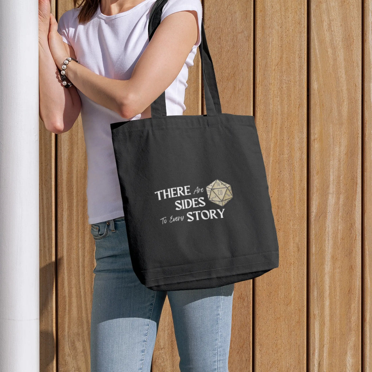 There are 20 sides to every story tote bag in black