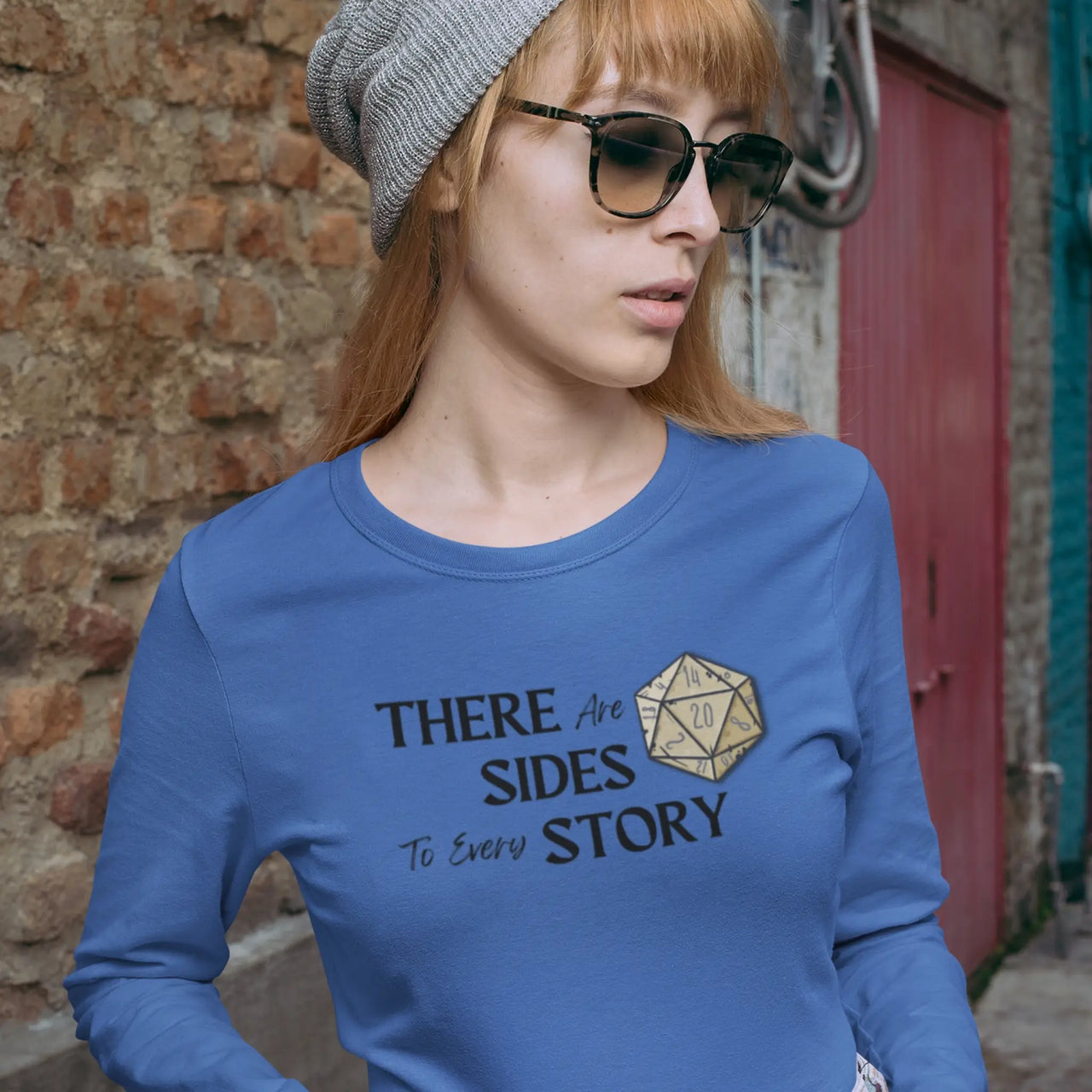 a woman sporting a There are 20 sides to every story long sleeve tee in blue