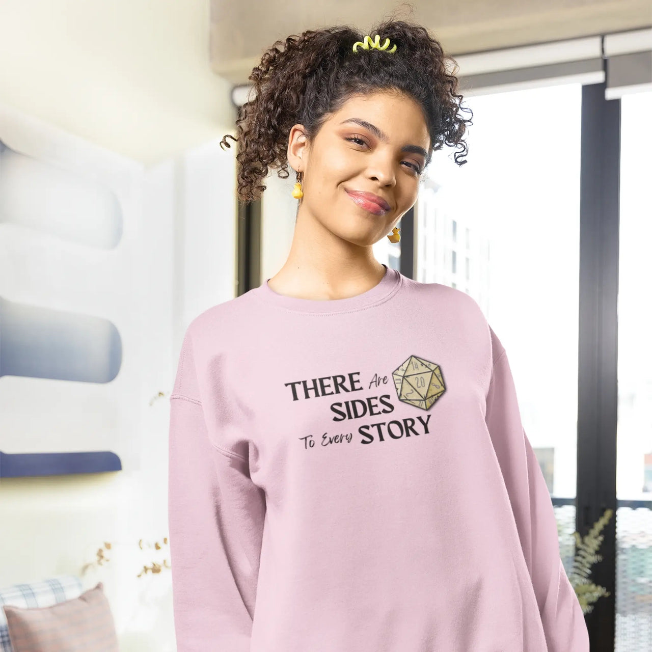 woman wearing a Pink There are 20 sides to every story sweatshirt