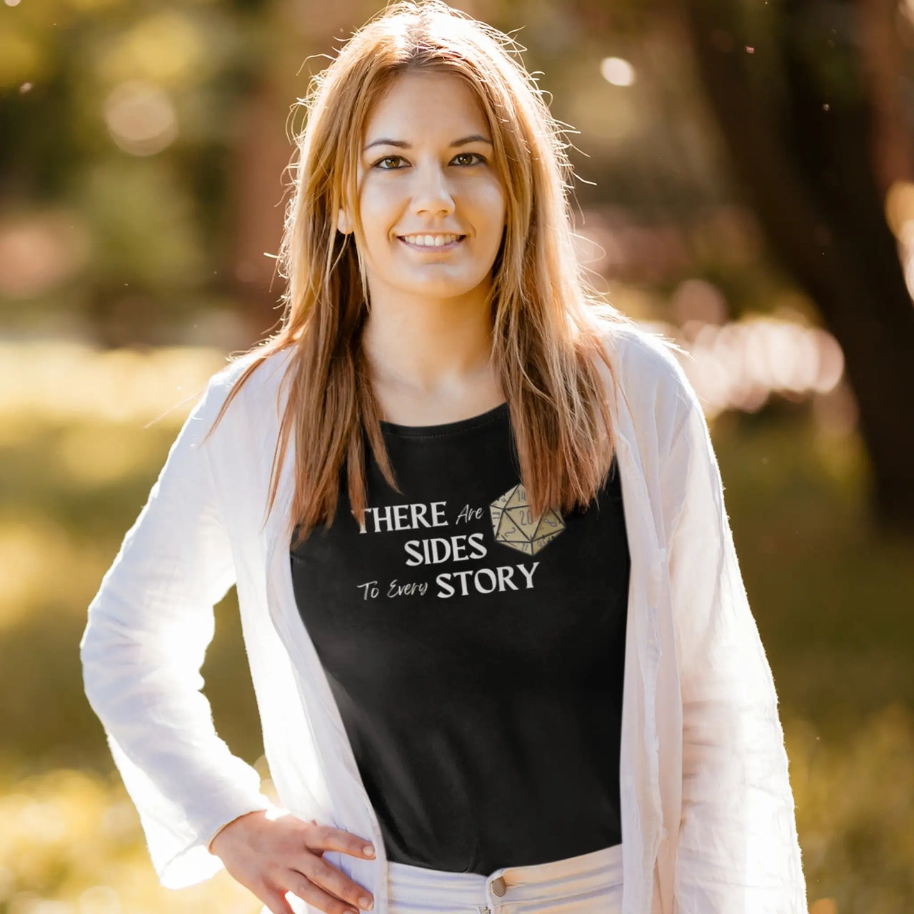 woman wearing a Black There are 20 sides to every story tshirt