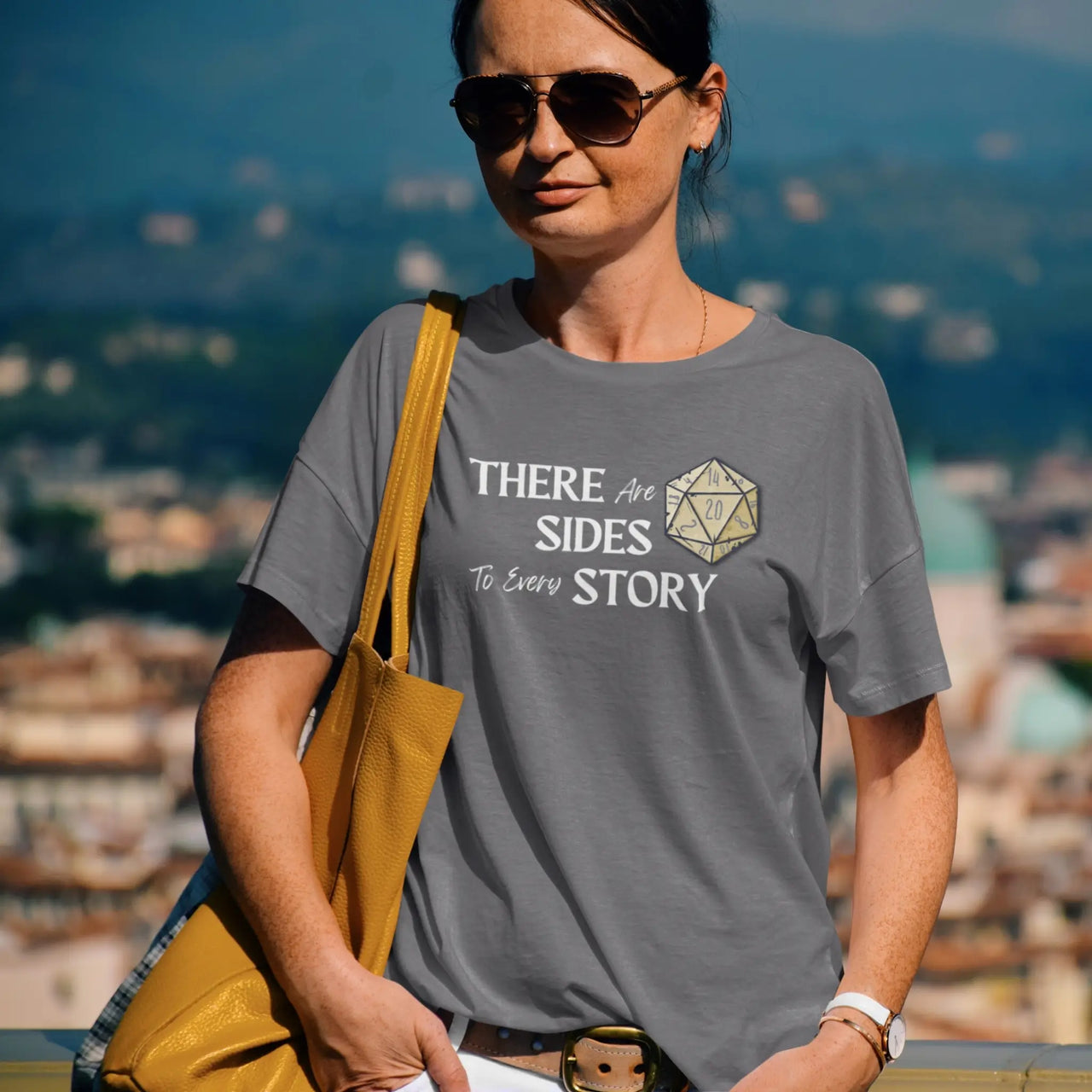 woman with a purse wearing a Dark grey There are 20 sides to every story tshirt with white text