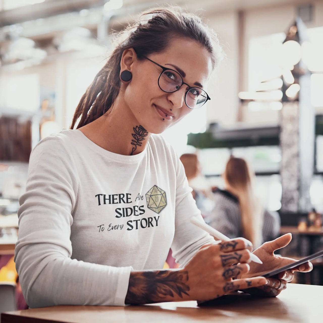 a woman wearing a There are 20 sides to every story long sleeve tee in white