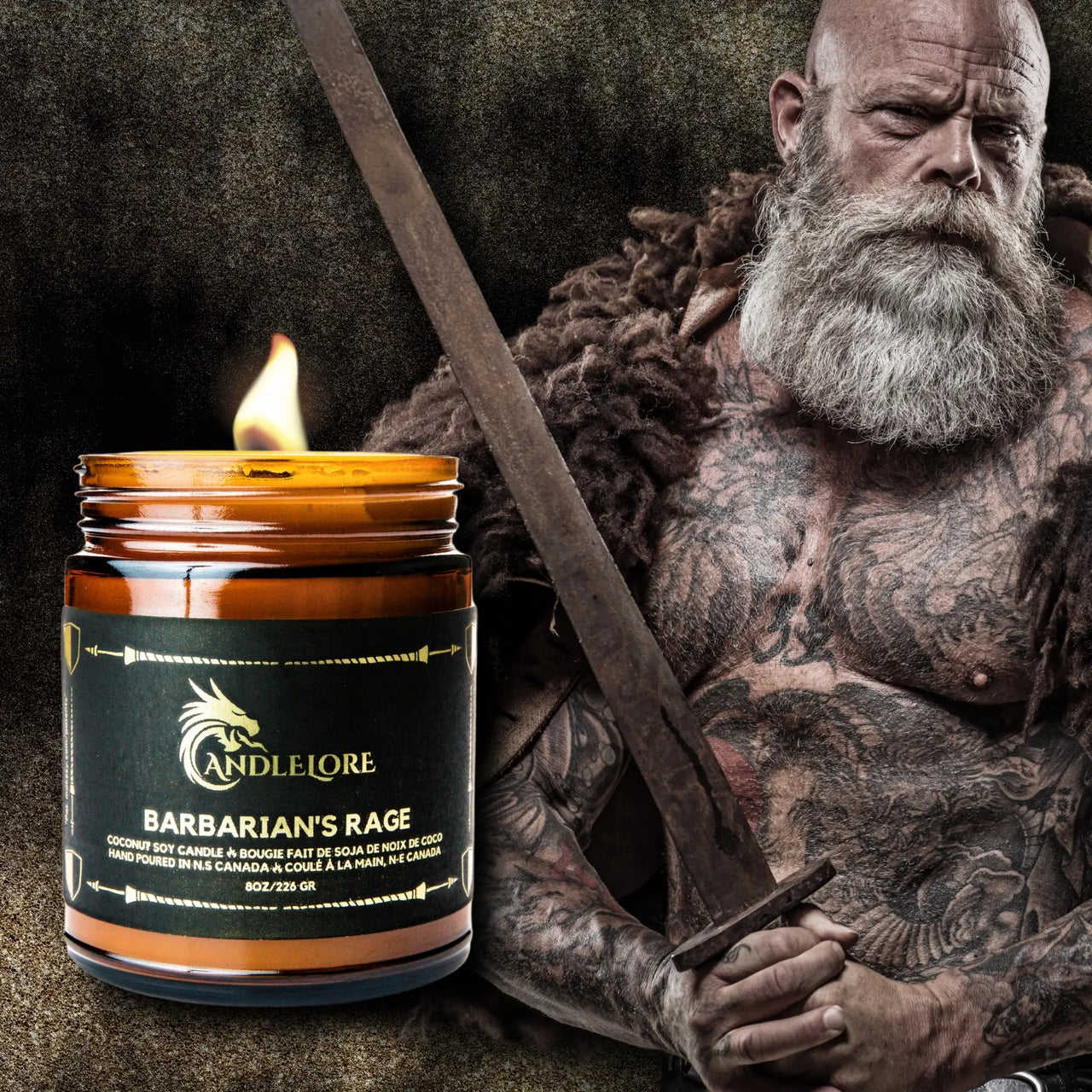 A Barbarian with a candle beside him