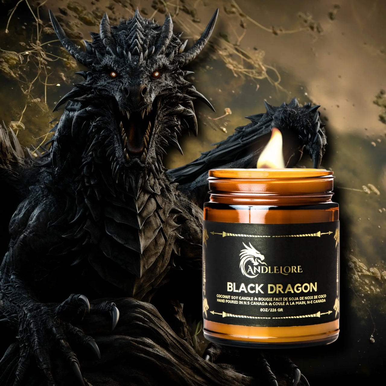 Lit Black Dragon Candle beside a black dragon in the swamps