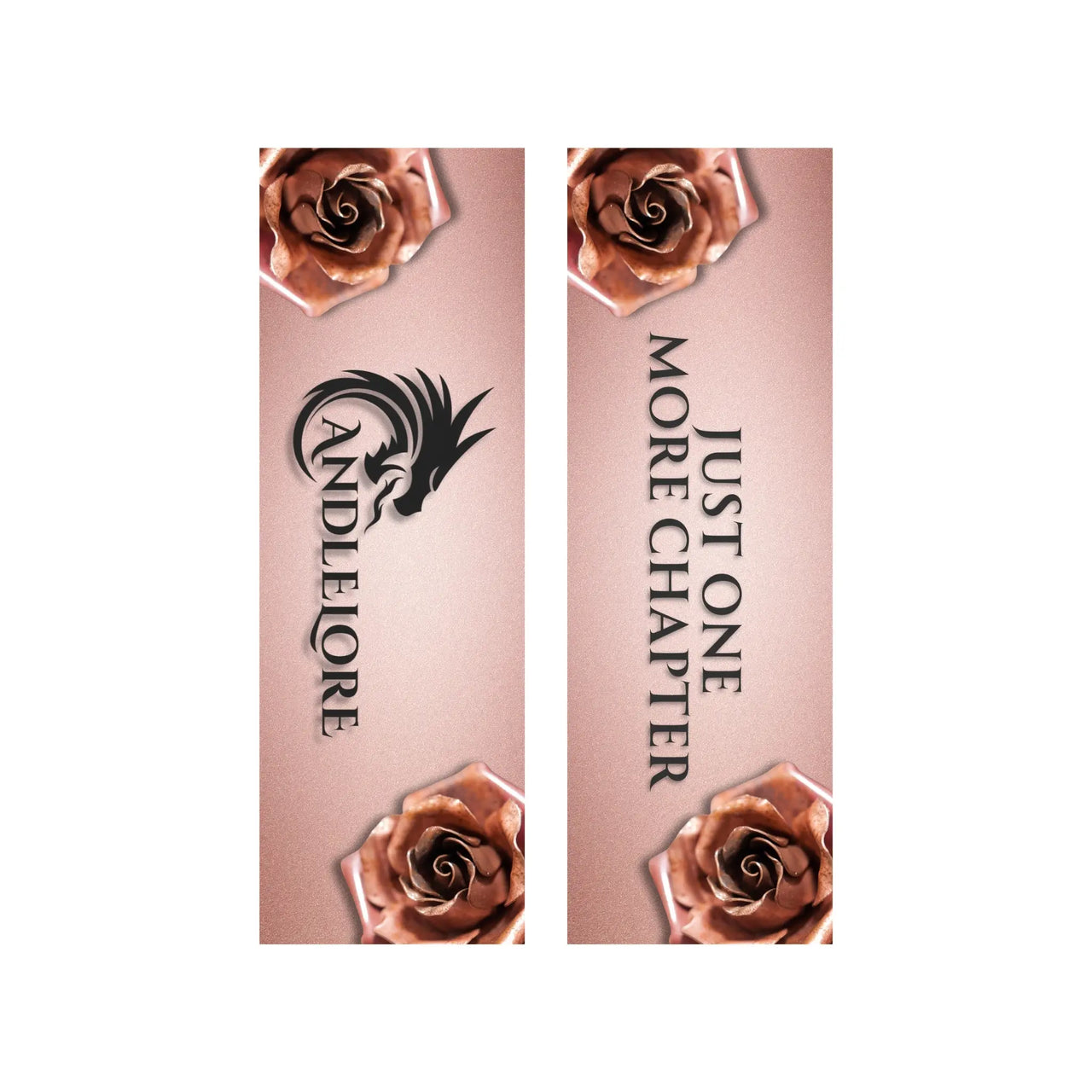 front and back of pink version of just one more chapter bookmark with roses