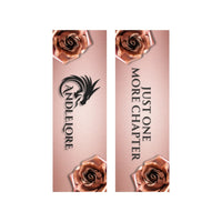 Thumbnail for front and back of pink version of just one more chapter bookmark with roses