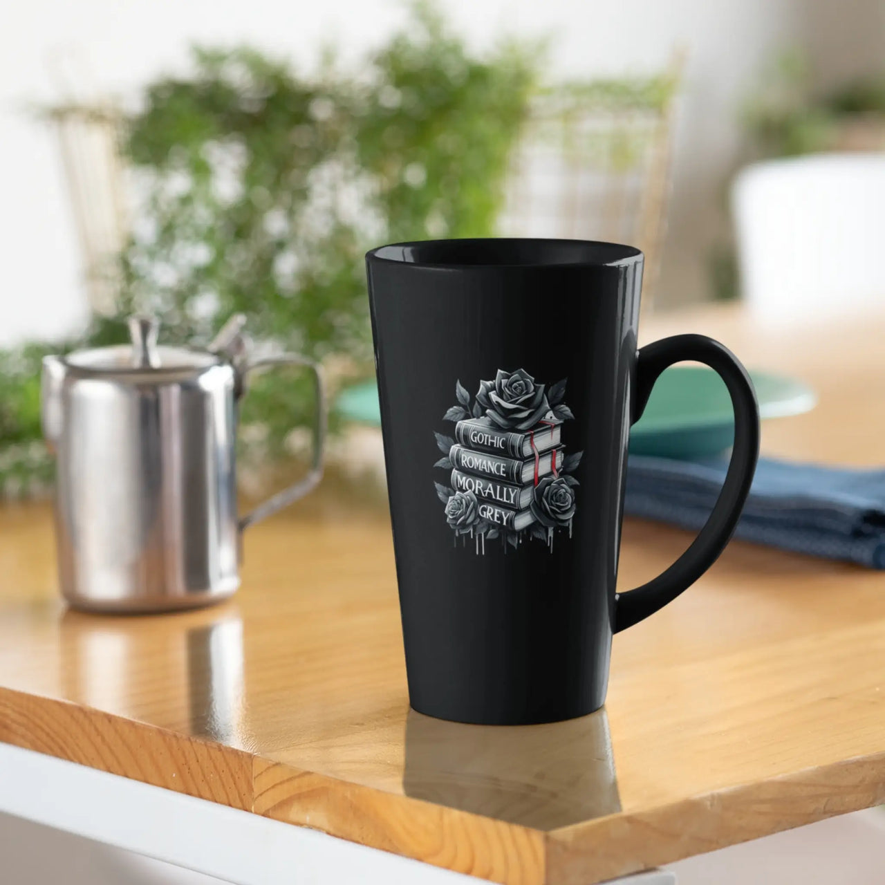 Black Large Book and Roses mug on a counter