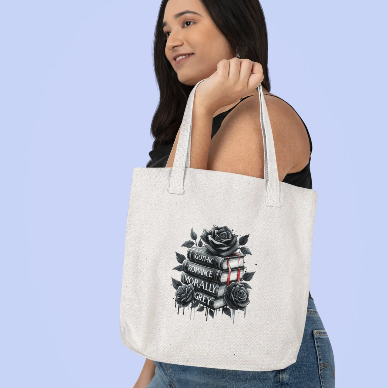 a woman carrying her books and roses tote bag