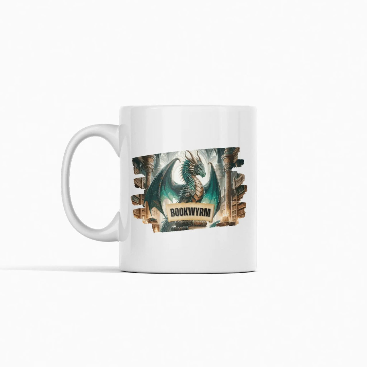 white Bookwyrm mug