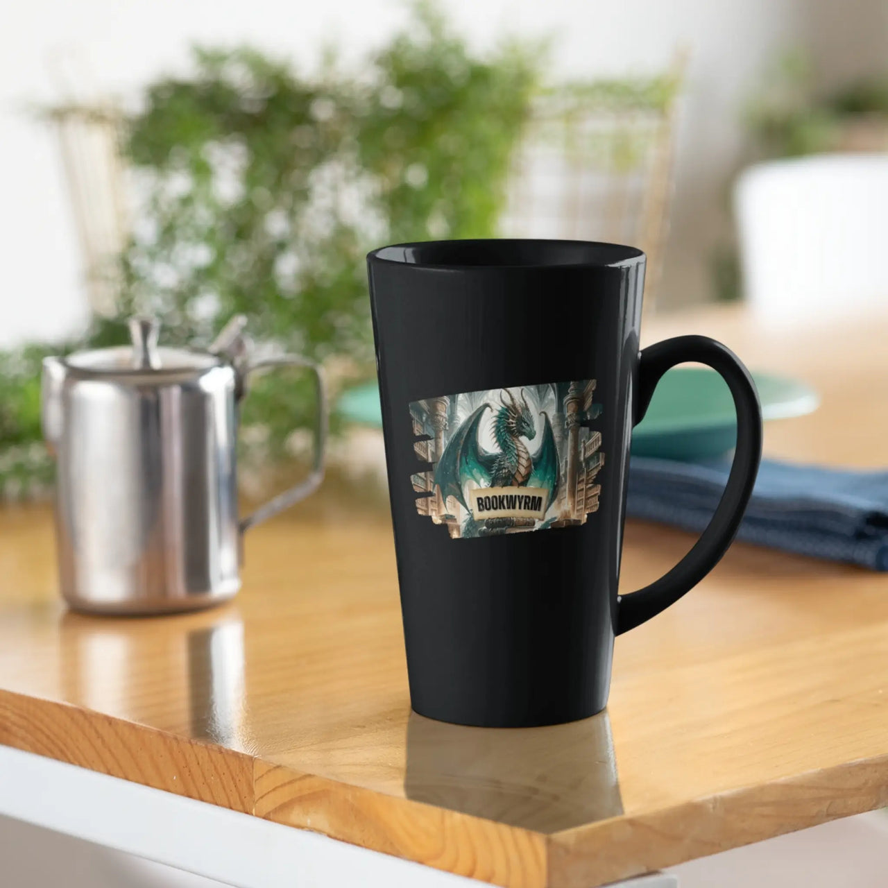 Black Large Bookwyrm mug on a kitchen table