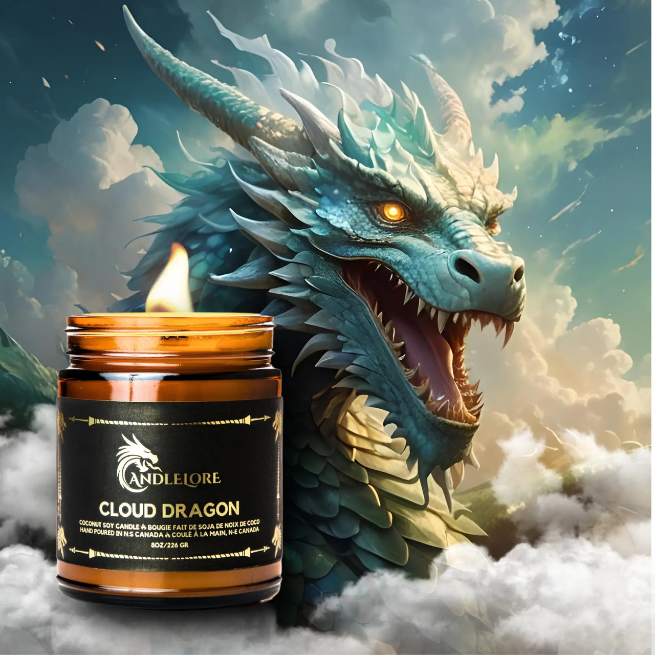 Lit Cloud Dragon Candle with the dragon beside it