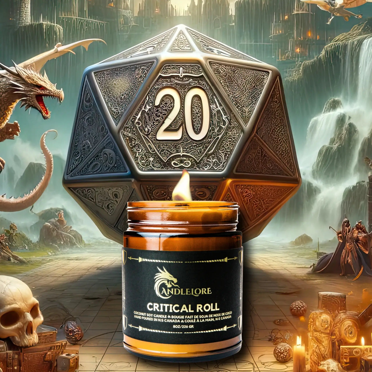 Crtical Roll Candle with a d20 behind it