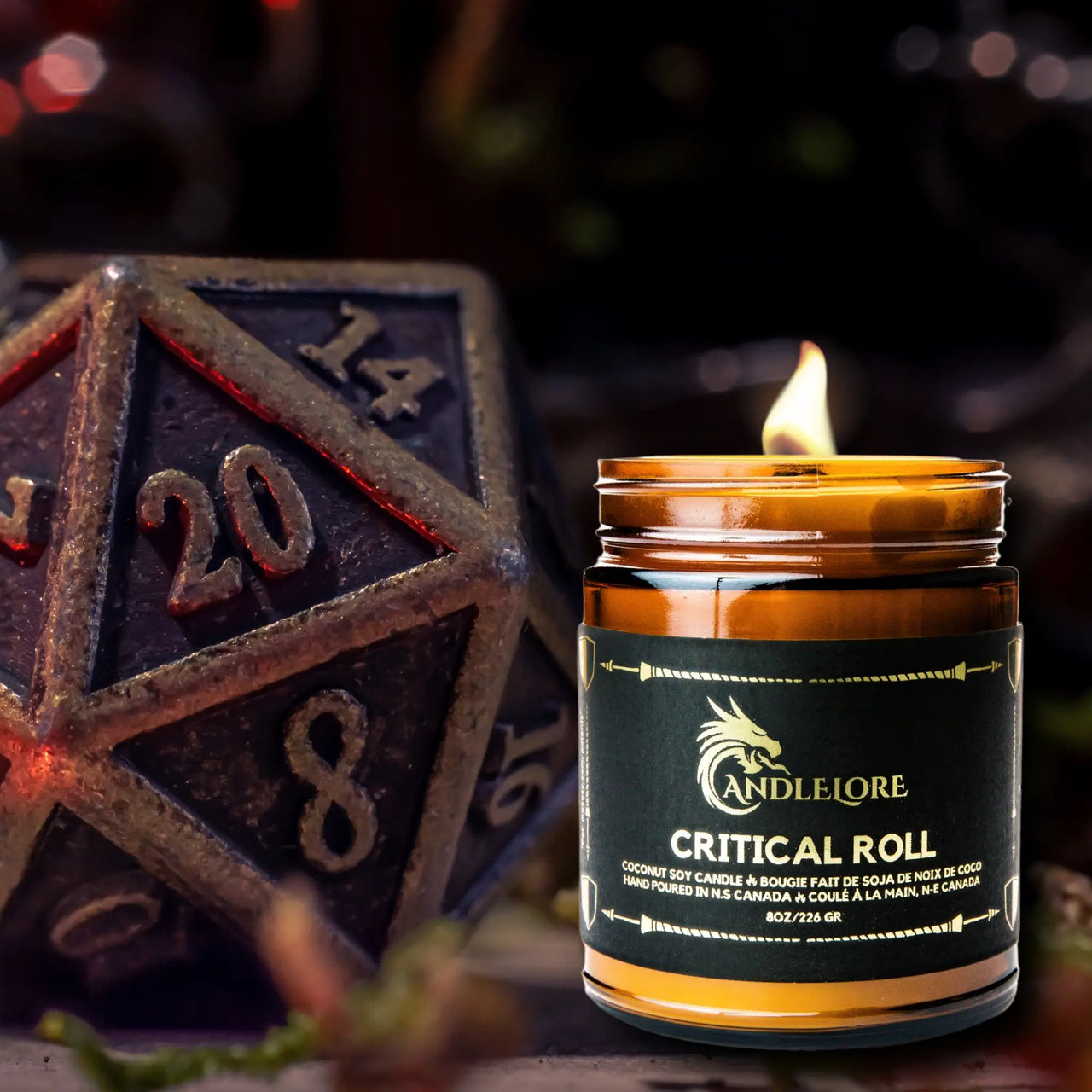 Crtical Roll Candle with a d20 beside it