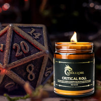 Thumbnail for Crtical Roll Candle with a d20 beside it