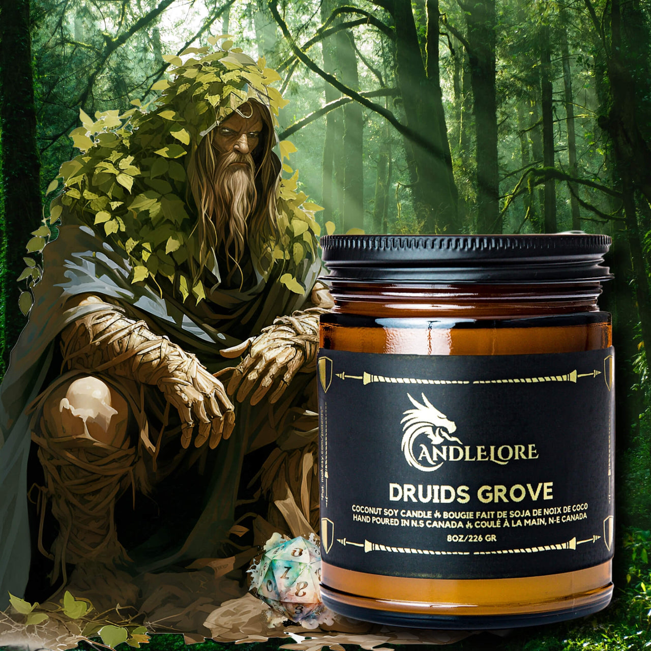 druid in a grove with a candle