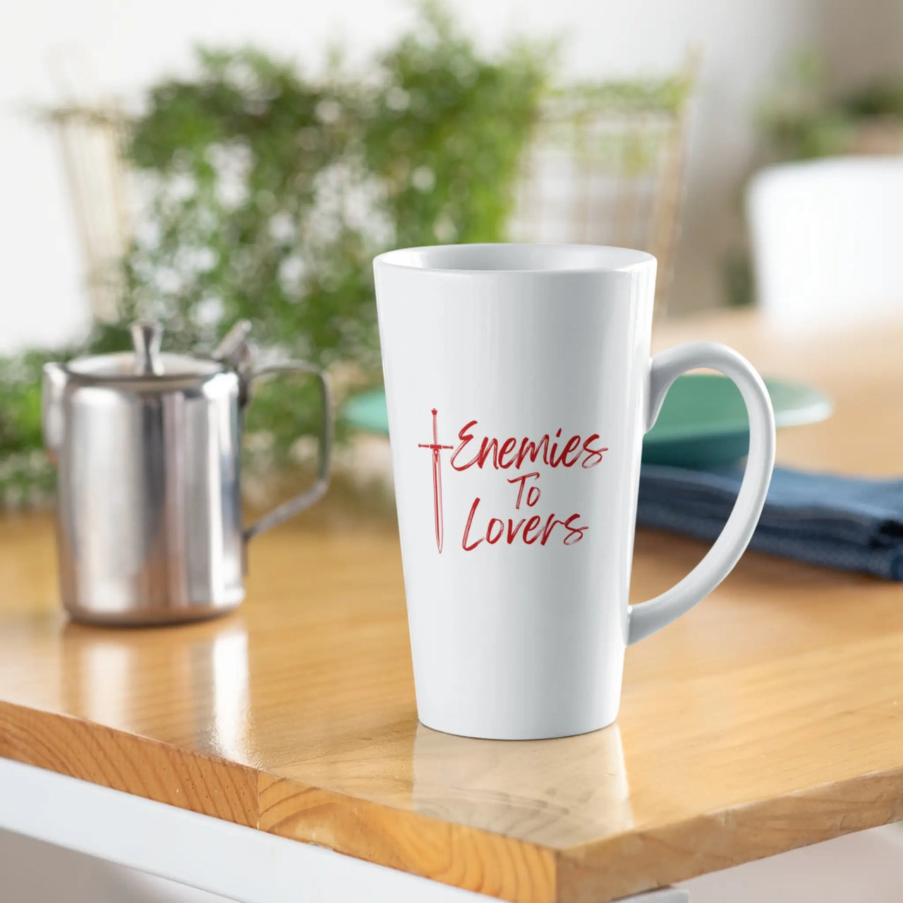 White Large Enemies To Lovers Mug on a table