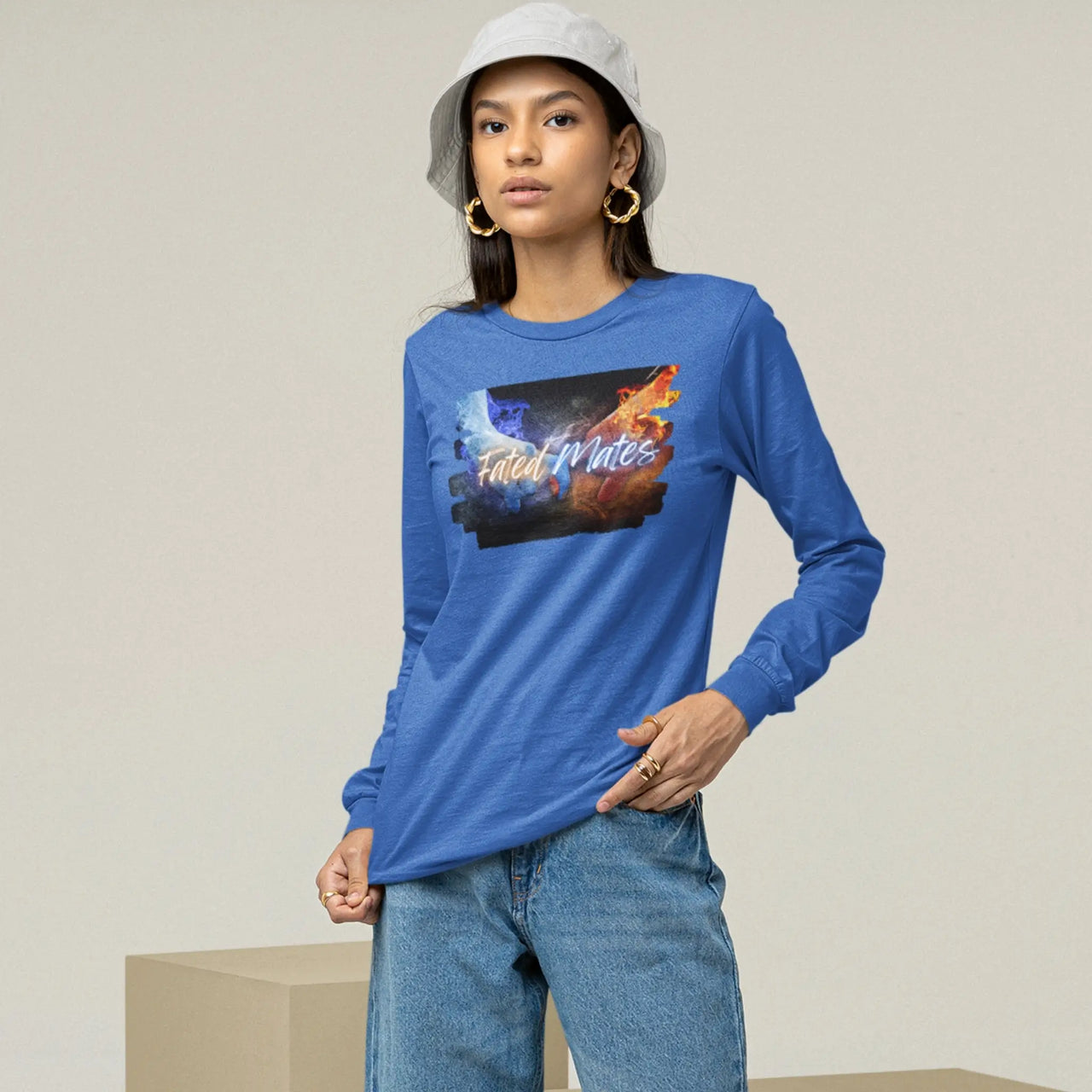 young woman with a hat wearing a Fated Mates long sleeve tee in blue