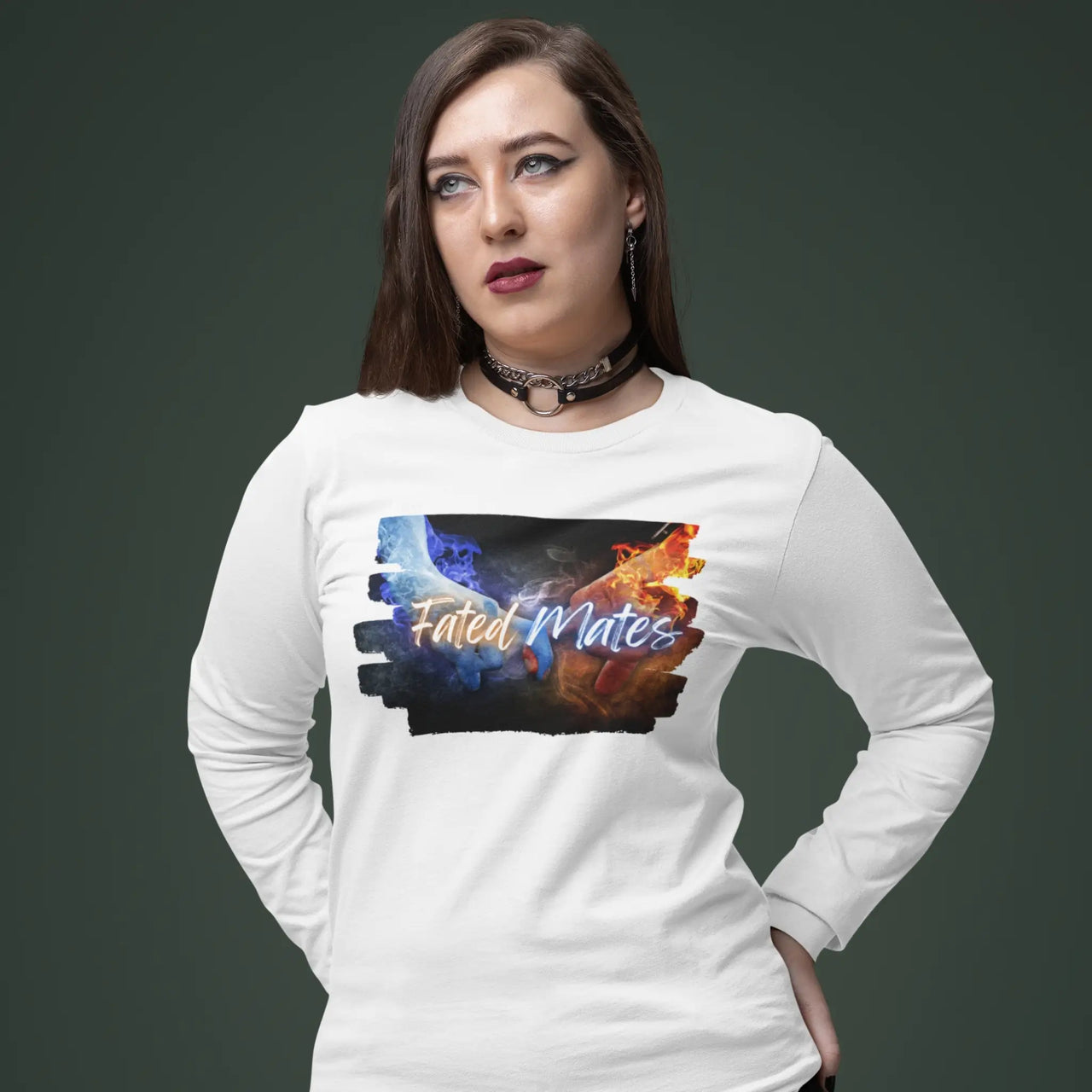 woman wearing a Fated Mates long sleeve tee in white