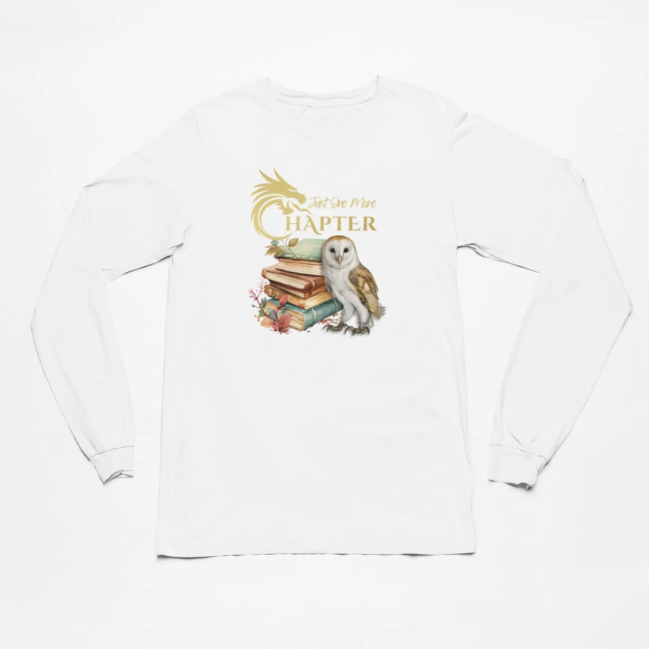 Just One More Chapter long sleeve shirt V2 in white with gold design