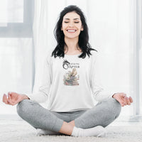 Thumbnail for woman doing yoga in a Just One More Chapter long sleeve shirt V2 in white with a small owl