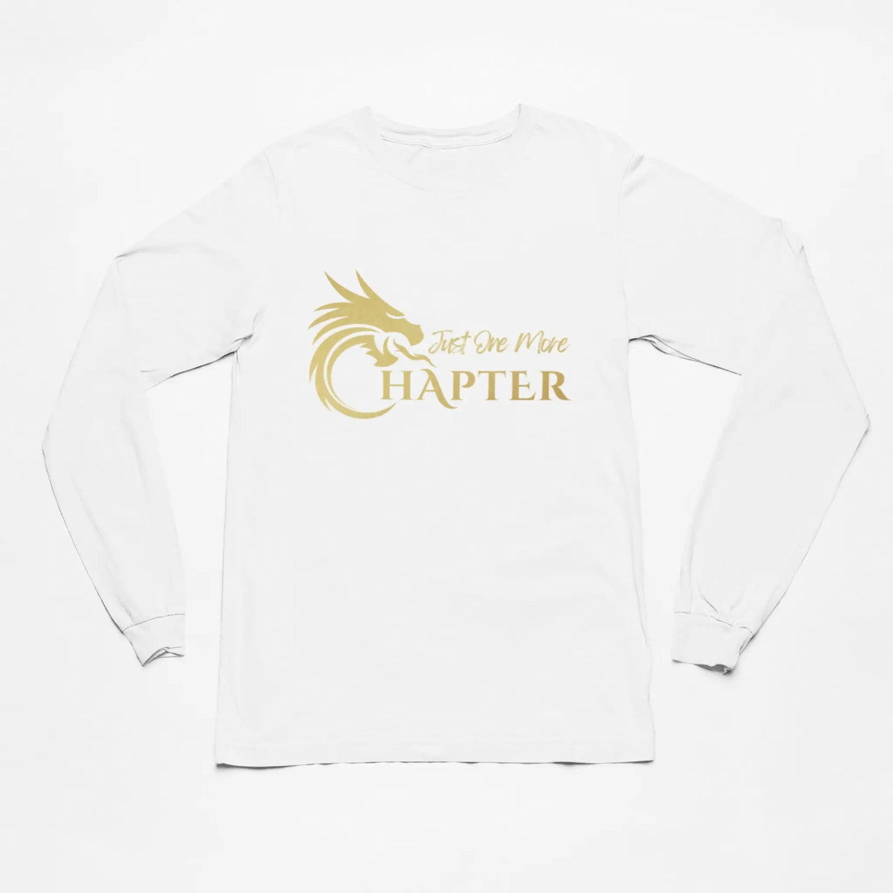 Just One More Chapter Logo design long sleeve in white with gold text