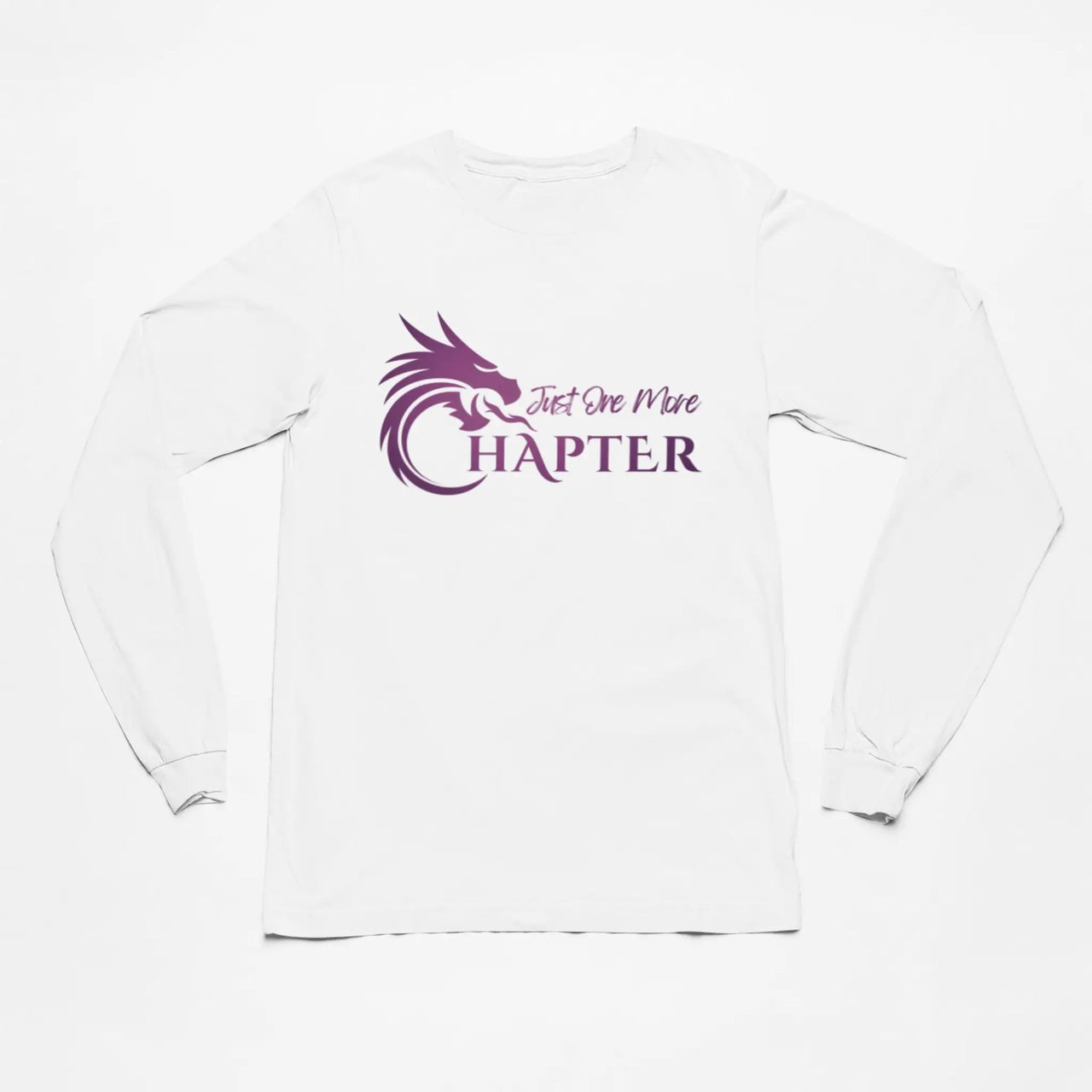 Just One More Chapter Logo design long sleeve in white with purple writing