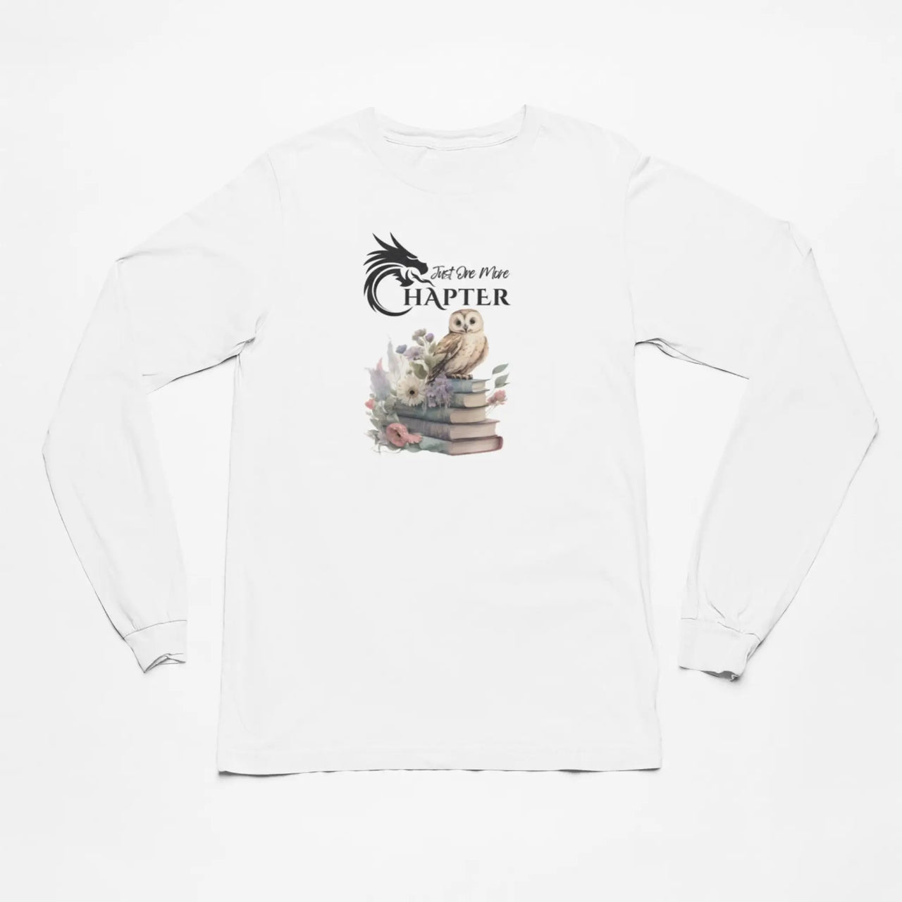 Just One More Chapter long sleeve shirt V2 in white with a small owl