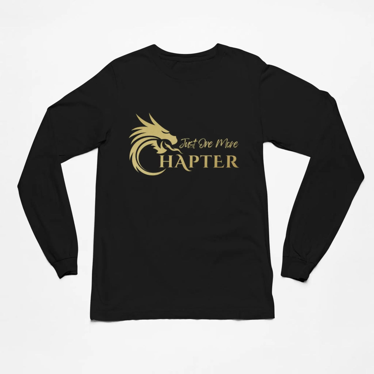 Just One More Chapter Logo design long sleeve in black with gold text