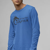 Thumbnail for A guy wearing a Just One More Chapter Logo design long sleeve in blue with black text