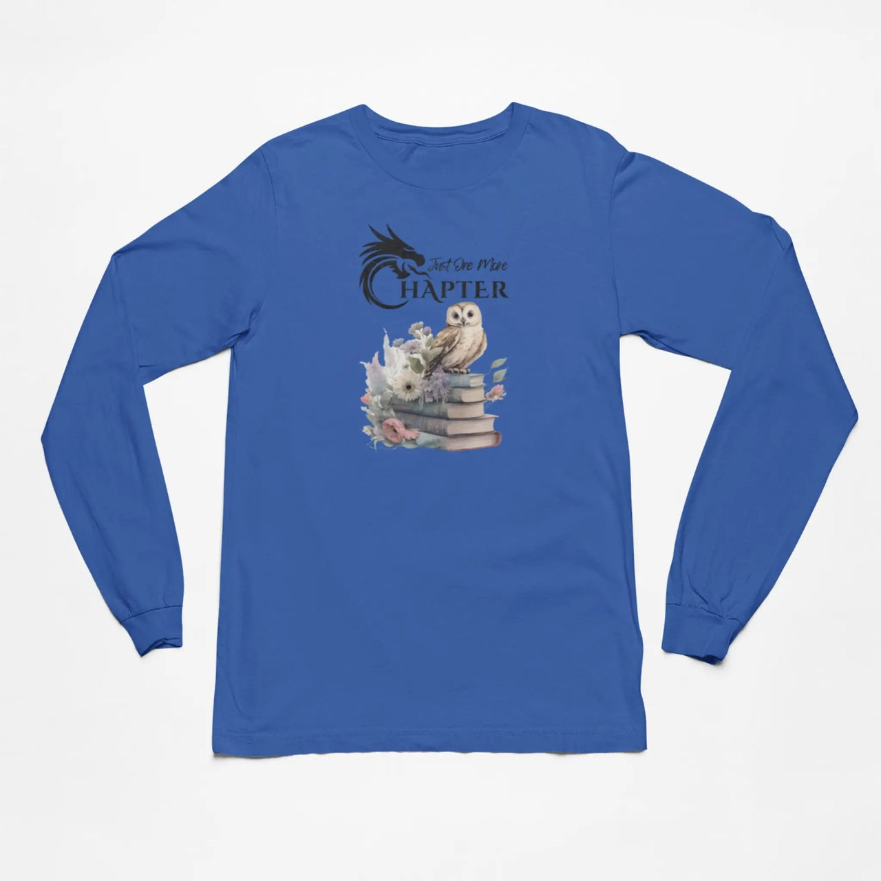 Just One More Chapter long sleeve shirt V2 in blue with a small owl