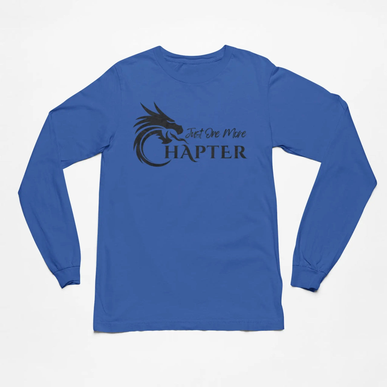 Just One More Chapter Logo design long sleeve in blue with black text