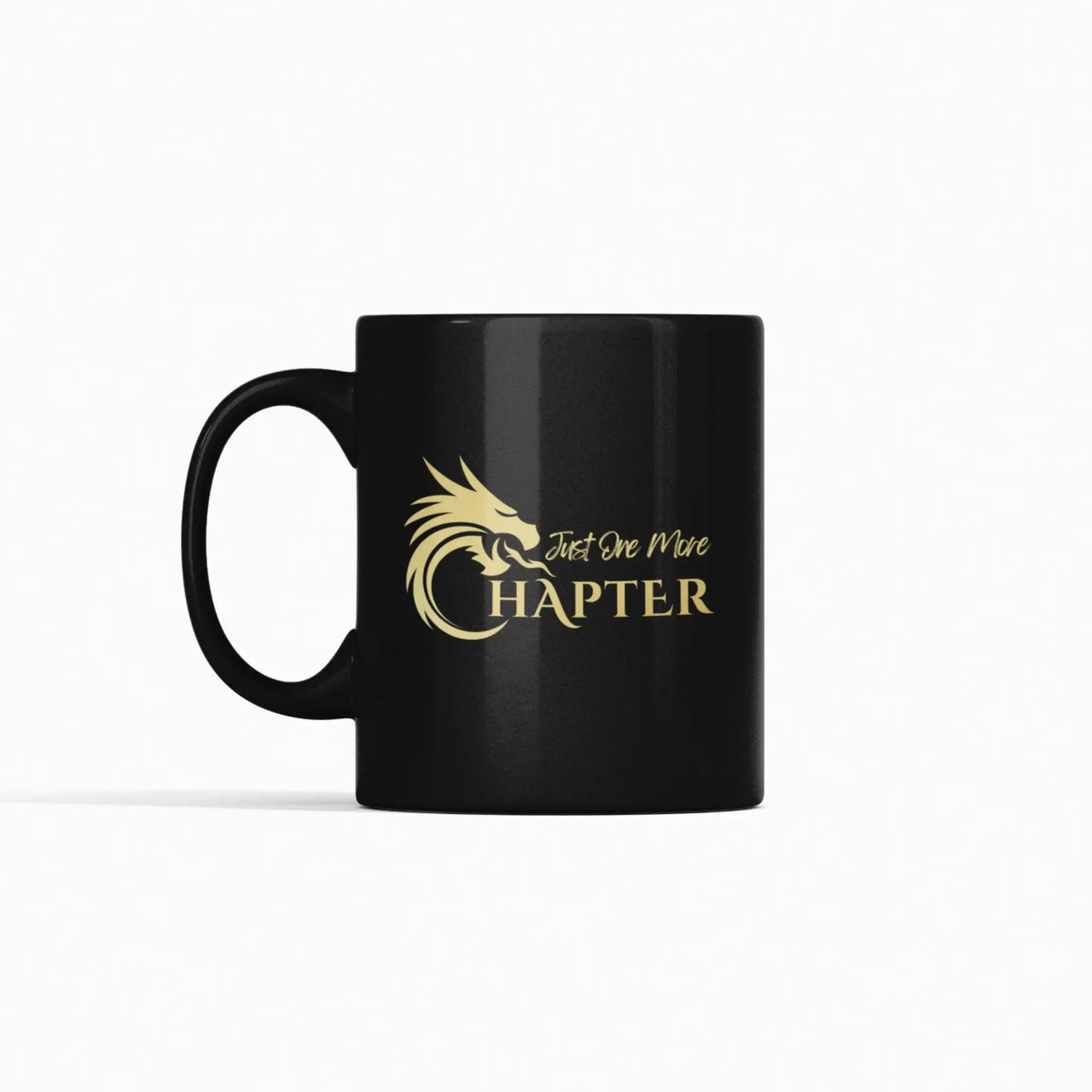 Black Just One More Chapter Mug with gold text