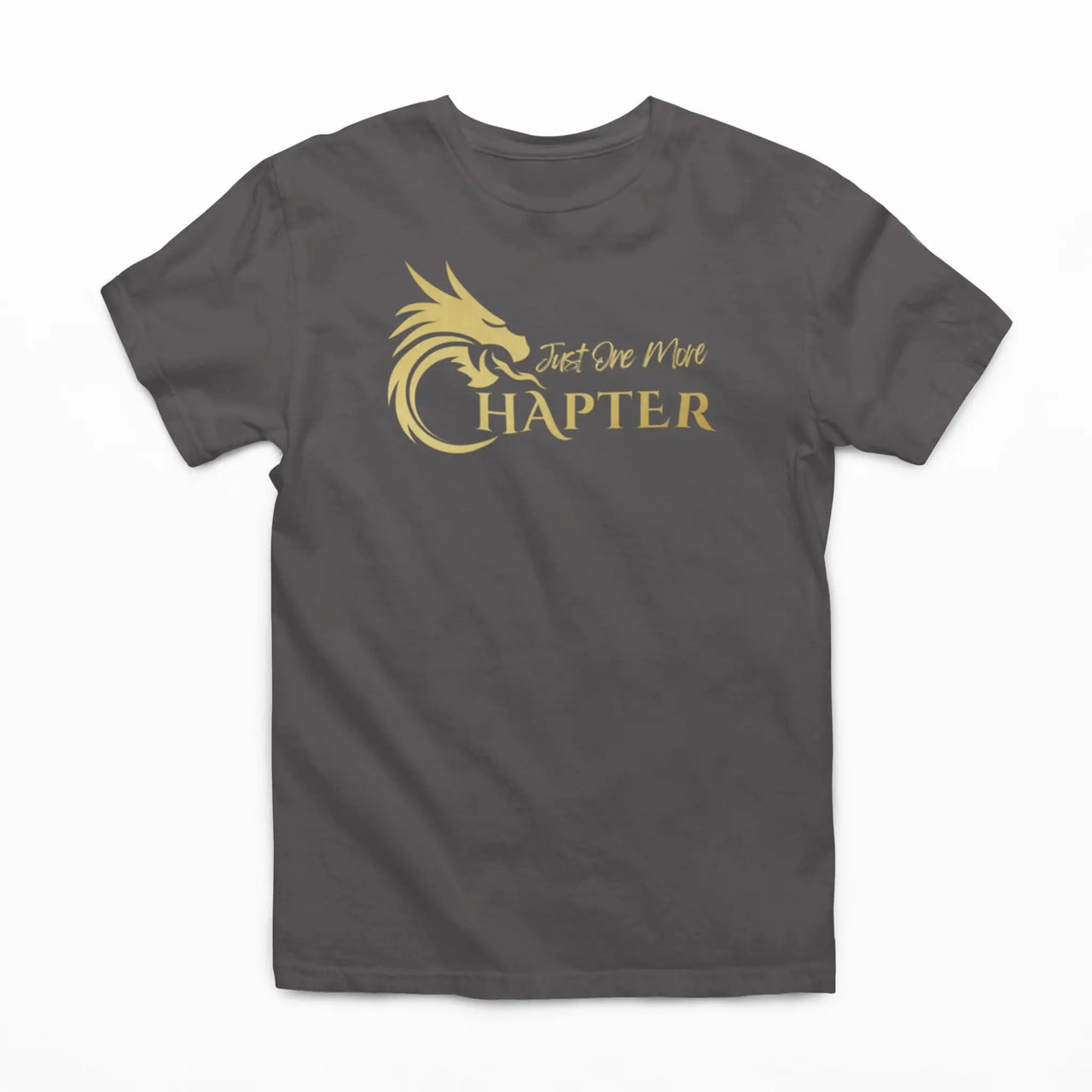 dark grey Just one more chapter tshirt with gold text