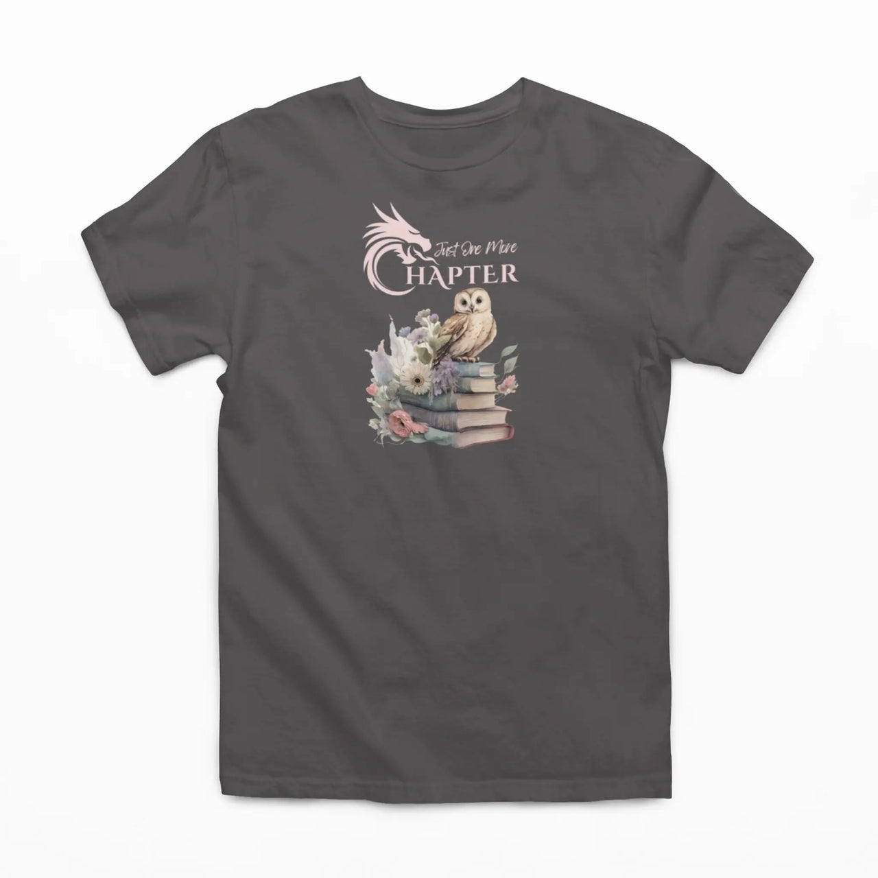 Dark grey Just One More Chapter T-shirt V3 with pink text