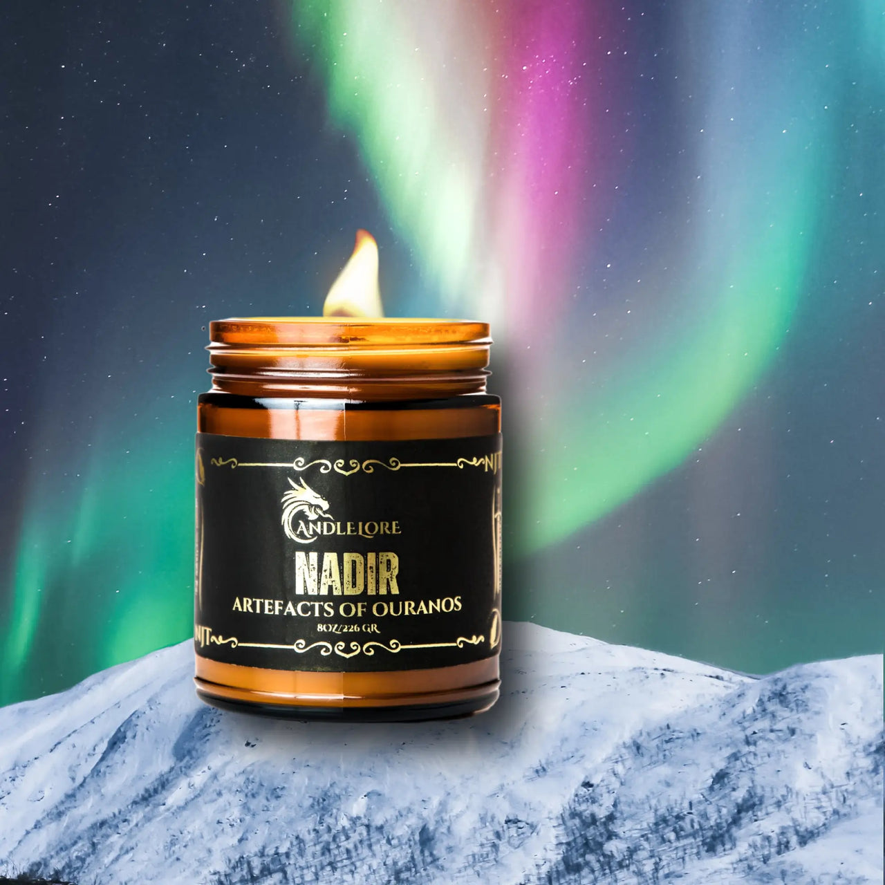 Nadir candle on a frozen mountain with northern lights