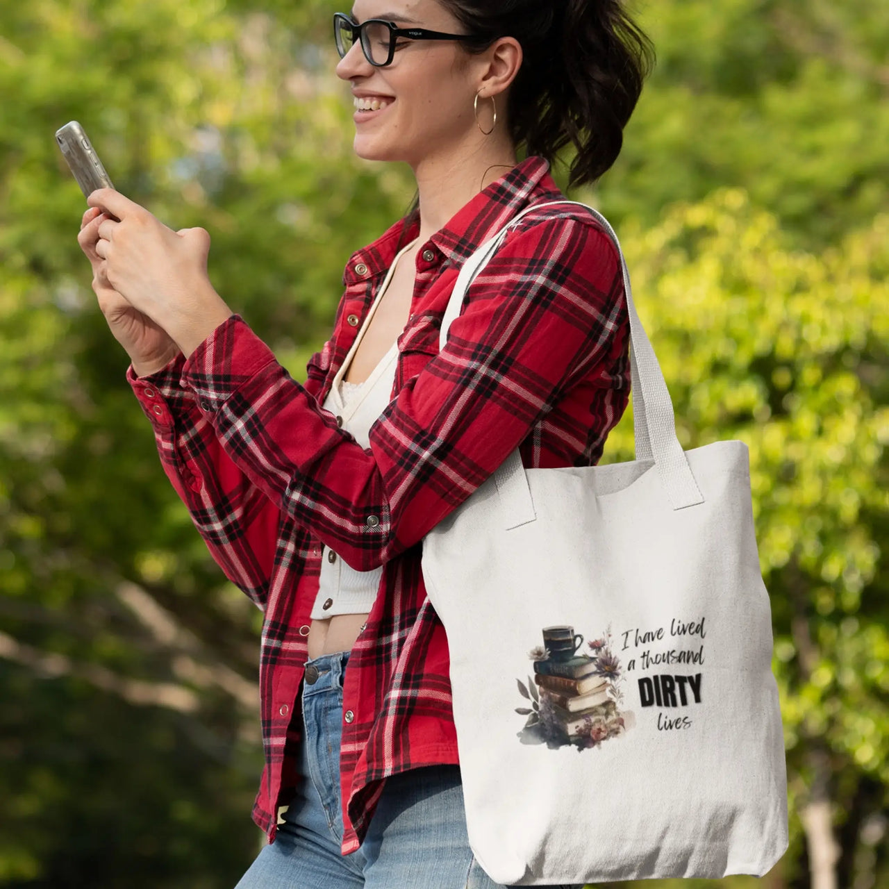 texting with their tote over their shoulder