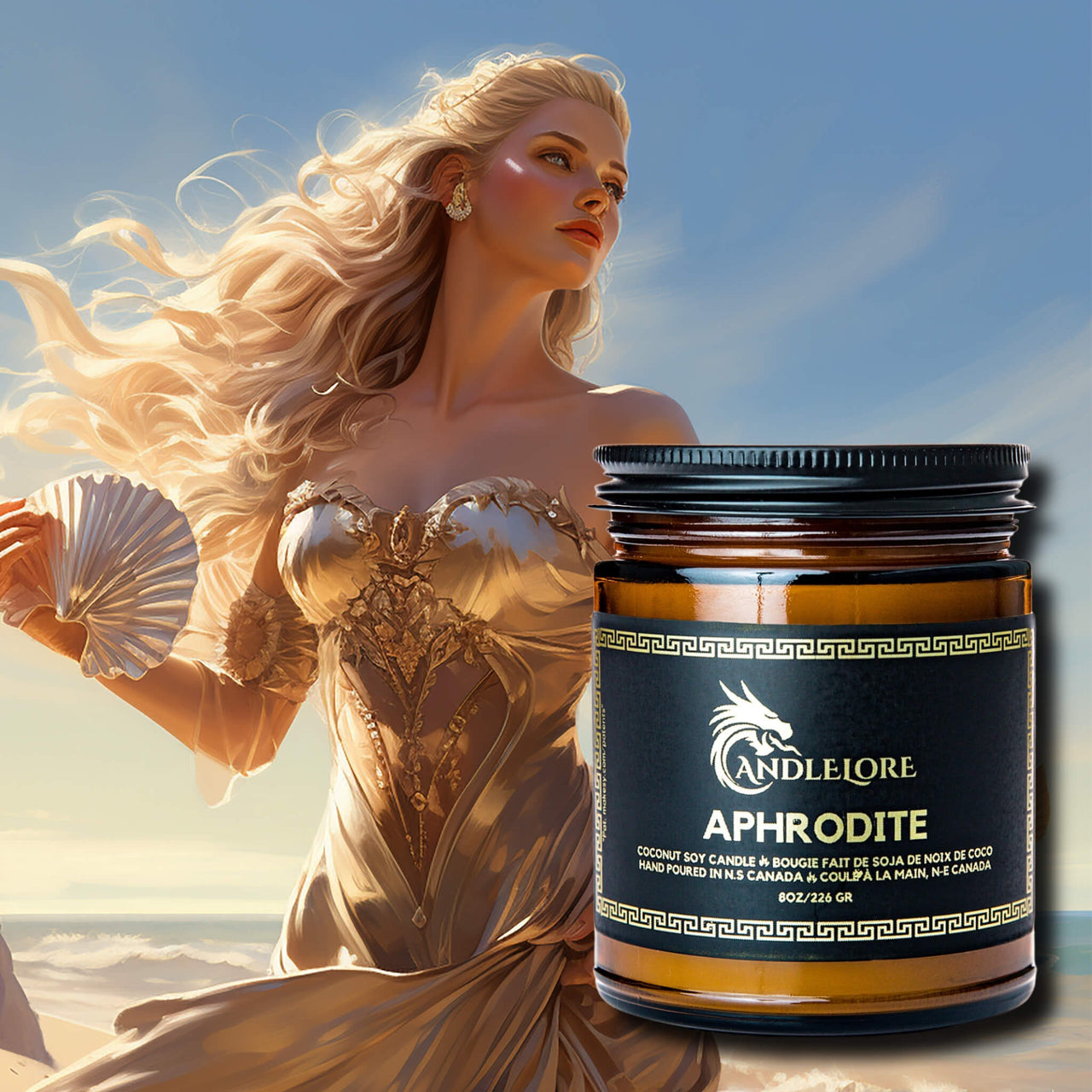 Aphrodite on a beach with her candle to her right hand side