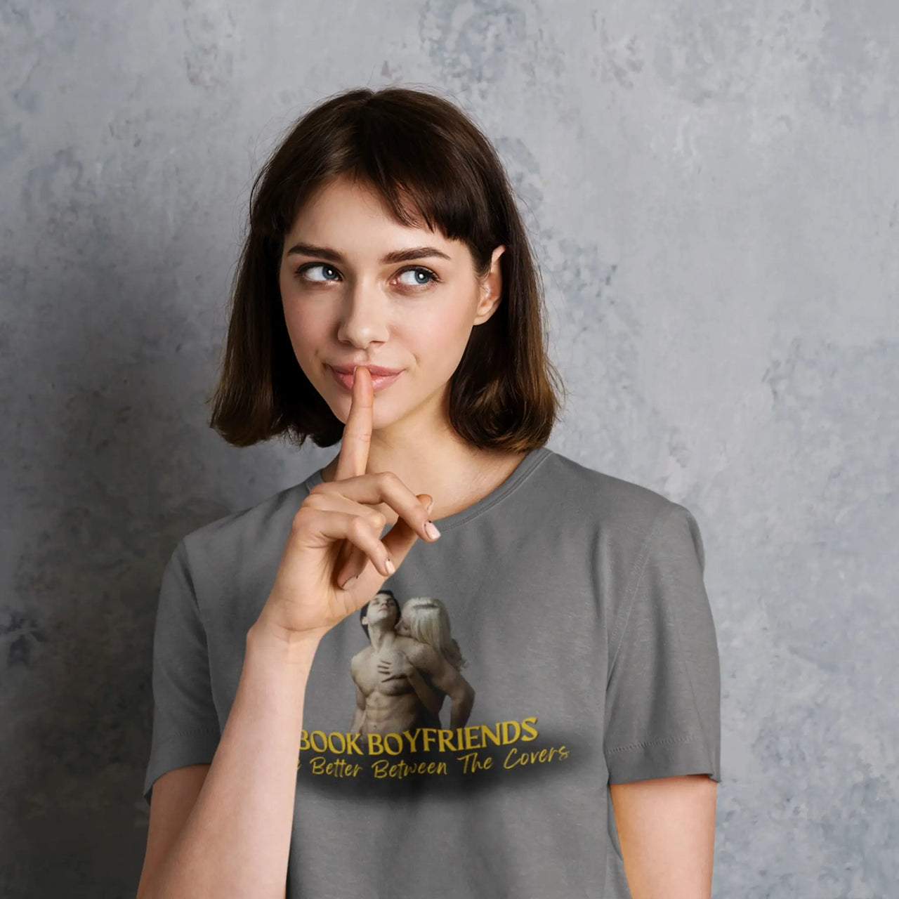 woman wearing a Dark grey Book Boyfriends Are Better Between The Covers tshirt