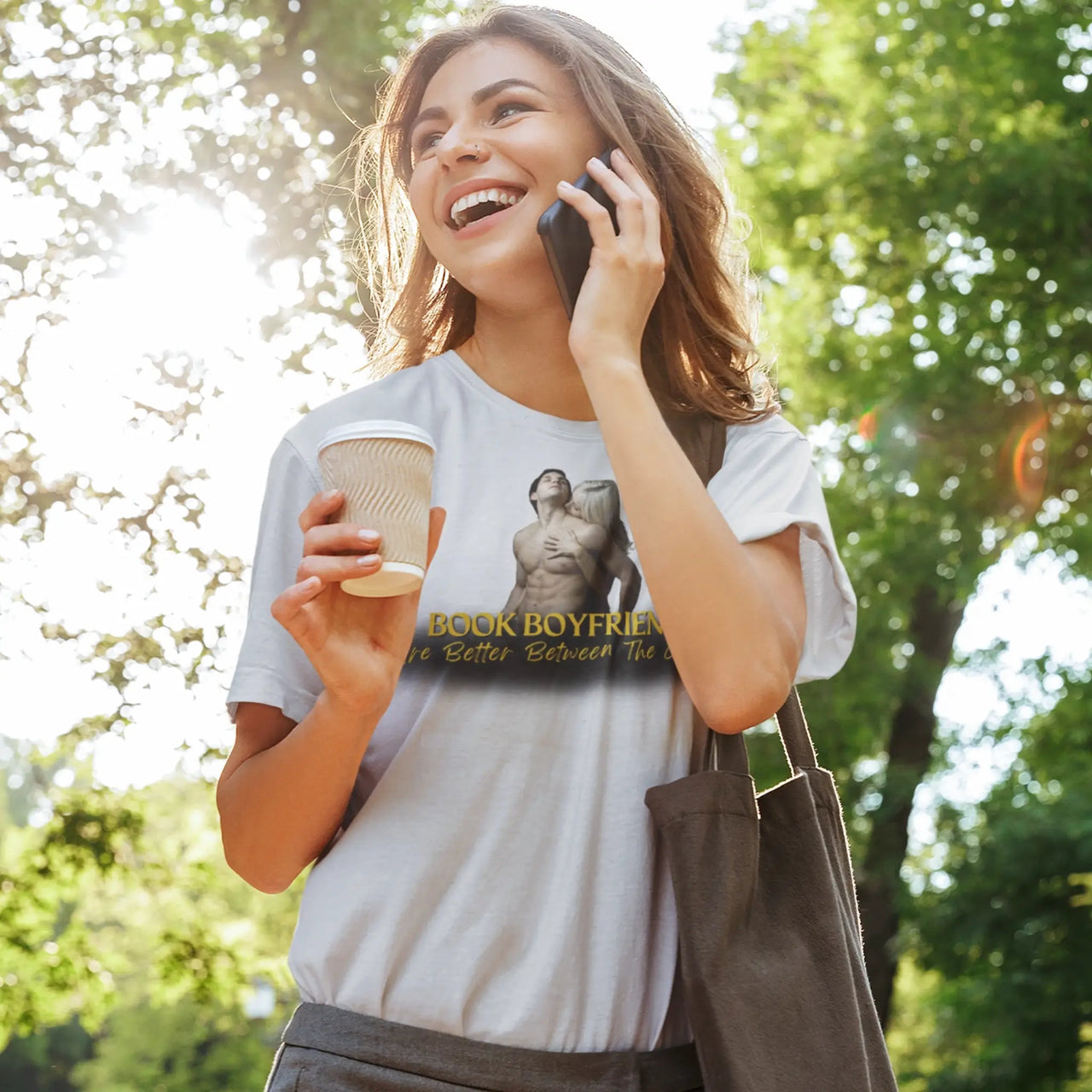 woman on the phone wearing a Light grey Book Boyfriends Are Better Between The Covers tshirt