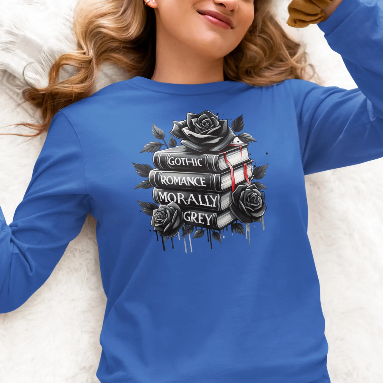 woman wearing a Bookish long sleeve tee in blue